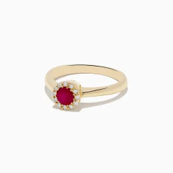 Effy Jewelry Ruby Royale 14K Yellow Gold Round Diamond Halo Ruby Ring, 0.52 TCW | Rings