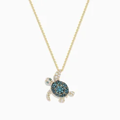 Effy Jewelry Seaside 14K Yellow Gold Blue and White Diamond Turtle Pendant | Necklaces & Pendants