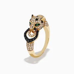 Effy Jewelry Signature 14K Yellow Black and White Diamond and Emerald Panther Ring | Rings