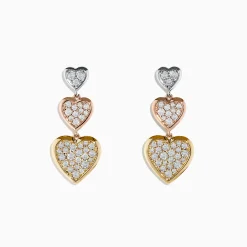 Effy Jewelry Trio 14K Three Tone Gold Diamond Heart Drop Earrings 0.65 TCW | Earrings