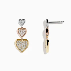Effy Jewelry Trio 14K Three Tone Gold Diamond Heart Drop Earrings 0.65 TCW | Earrings