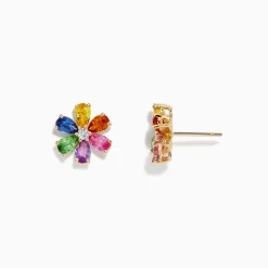BH Multi Watercolors 14K Gold Multi Sapphire and Diamond Flower Stud Earrings | Earrings