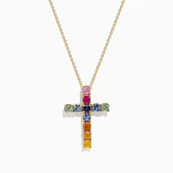 BH Multi Watercolors 14K Yellow Gold Multi Sapphire Cross Pendant, 2.05 TCW | Necklaces & Pendants