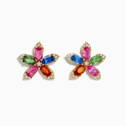 Effy Jewelry Watercolors 14K Yellow Gold Multi Sapphire and Diamond Flower Earrings | Earrings