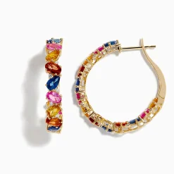 Effy Jewelry Watercolors 14K Yellow Gold Multi Sapphire and Diamond Hoop Earrings | Earrings